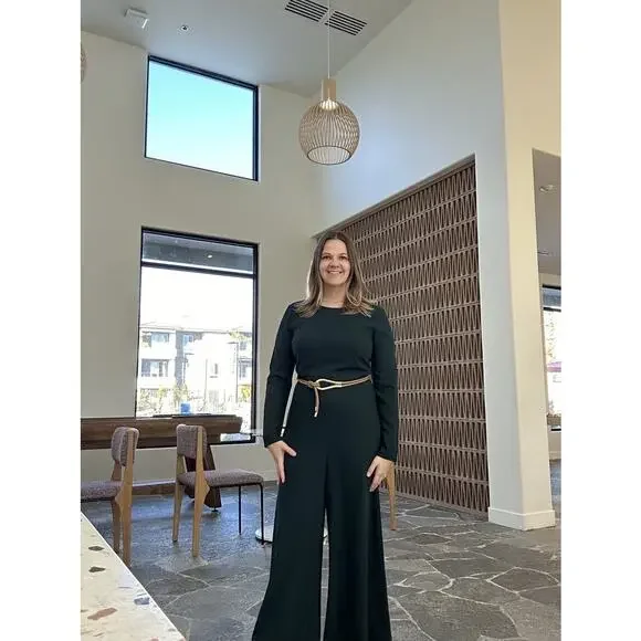 ADAM LIPPES Dark Green Crewneck Long Sleeve Wide Leg Sleek Jumpsuit Size 2
